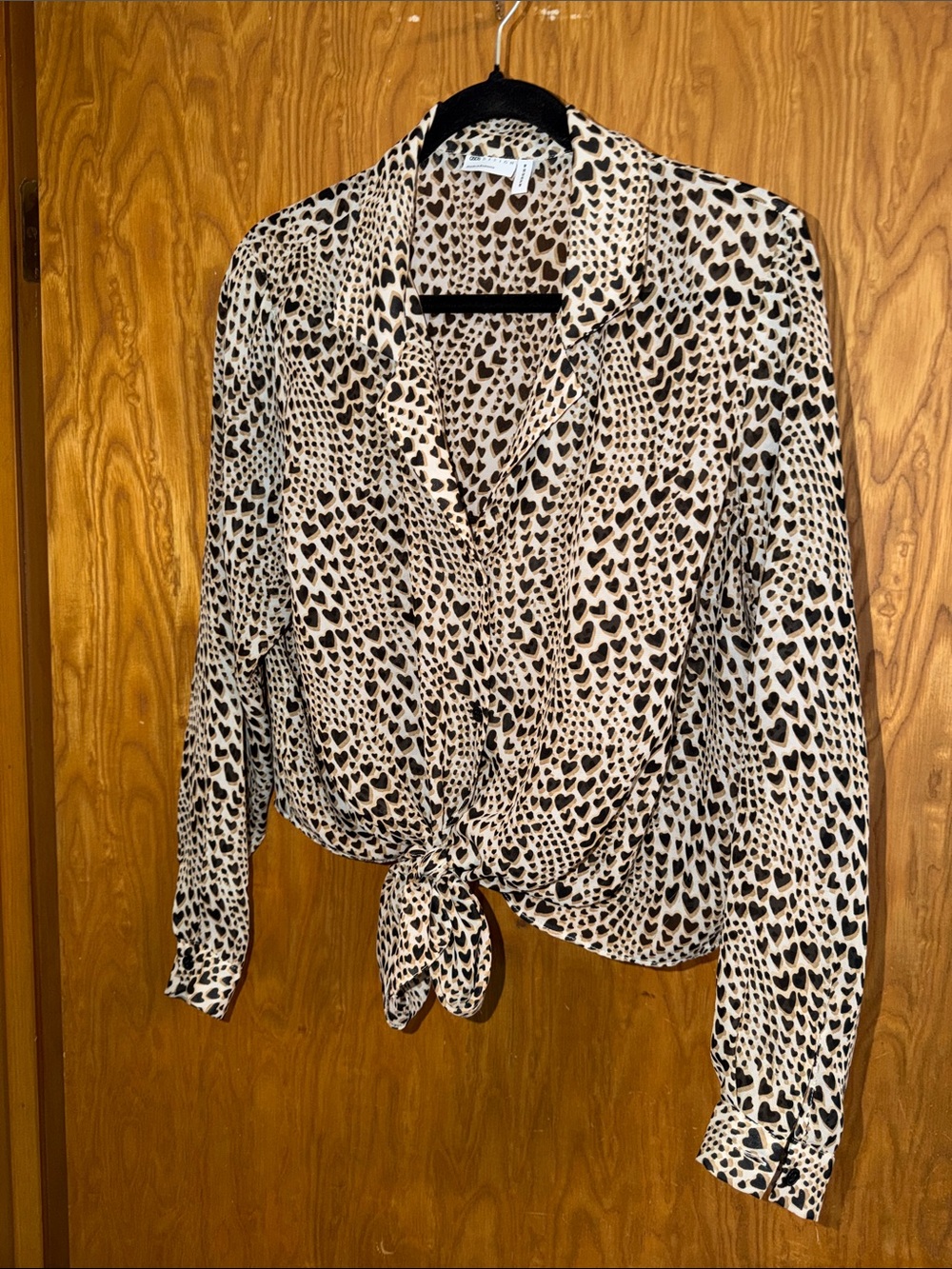 Women’s Cream and Black Heart Print Tie-Front Blouse